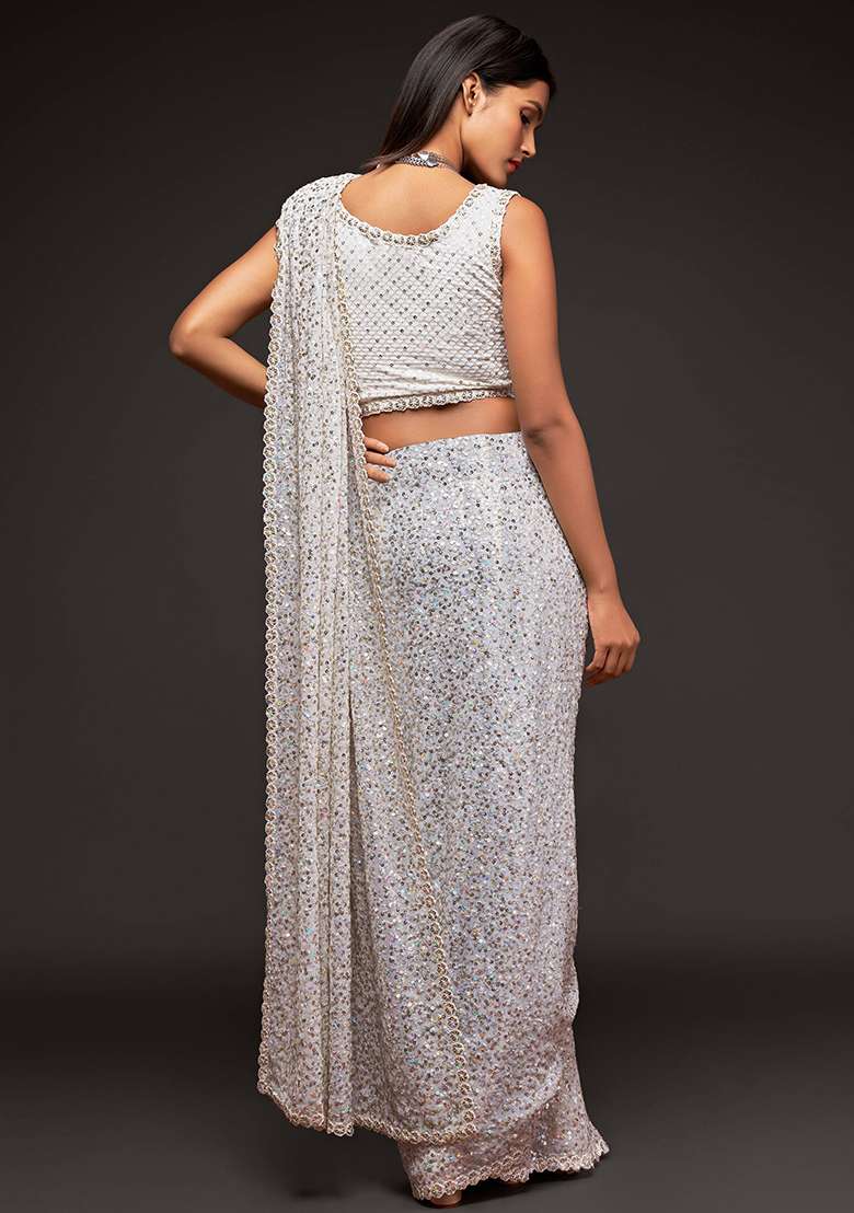White Sequin Embroidered Georgette Sarees for Diwali | Wedding & Festive Wear - Indya