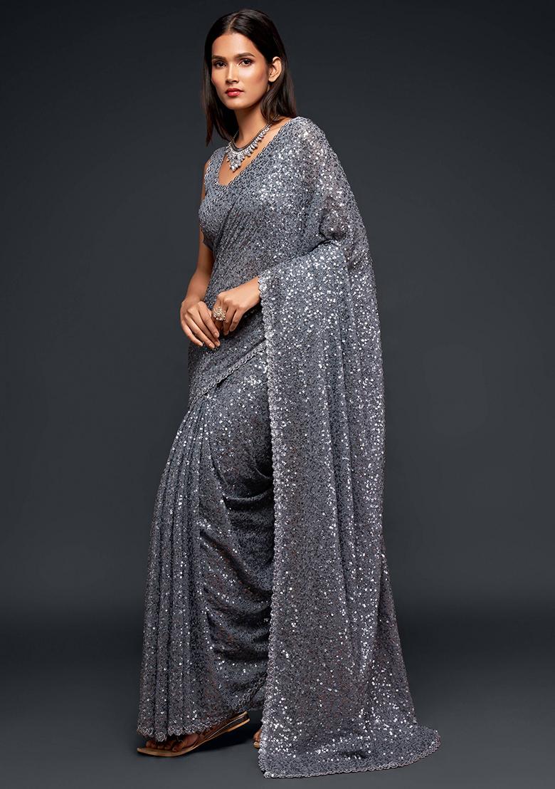 Grey Sequin Embroidered Georgette Sarees