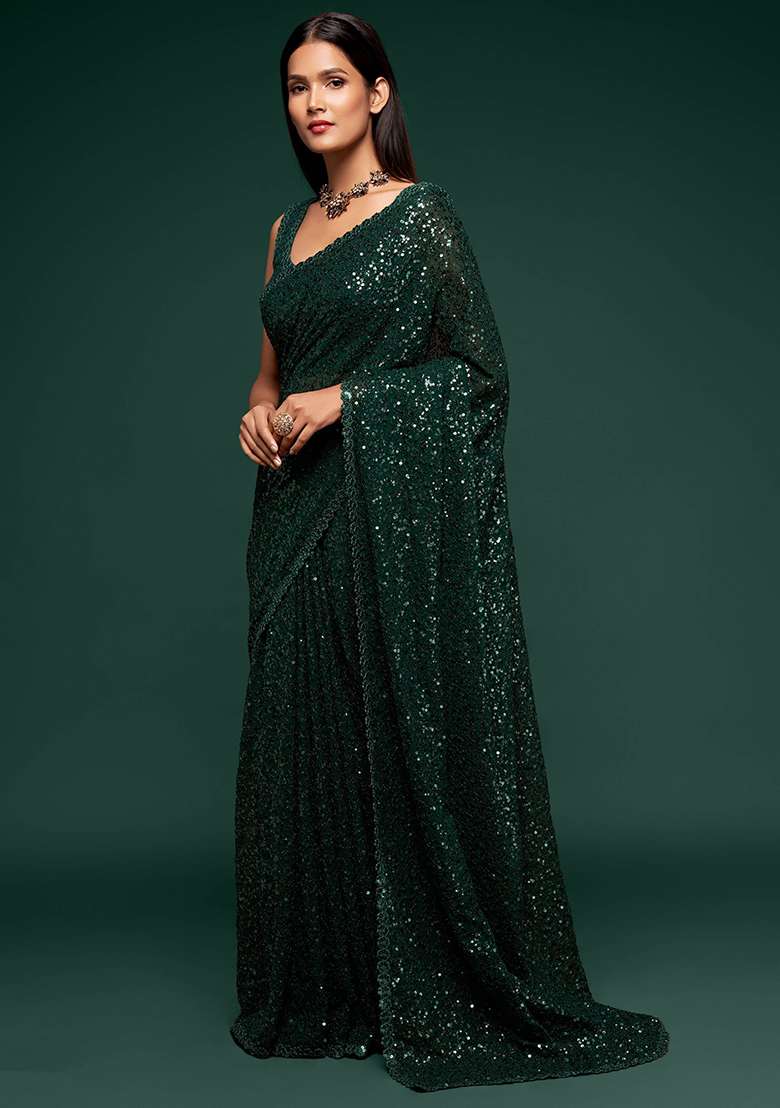 Green Sequin Embroidered Georgette Sarees for Diwali and Festive Wear - Indya