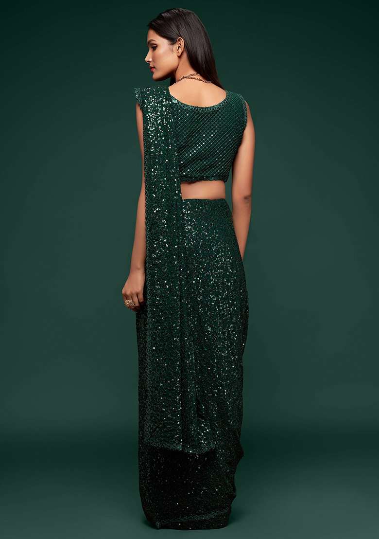 Green Sequin Embroidered Georgette Sarees for Diwali and Festive Wear - Indya