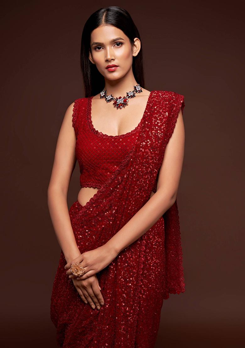 Red Sequin Embroidered Georgette Sarees
