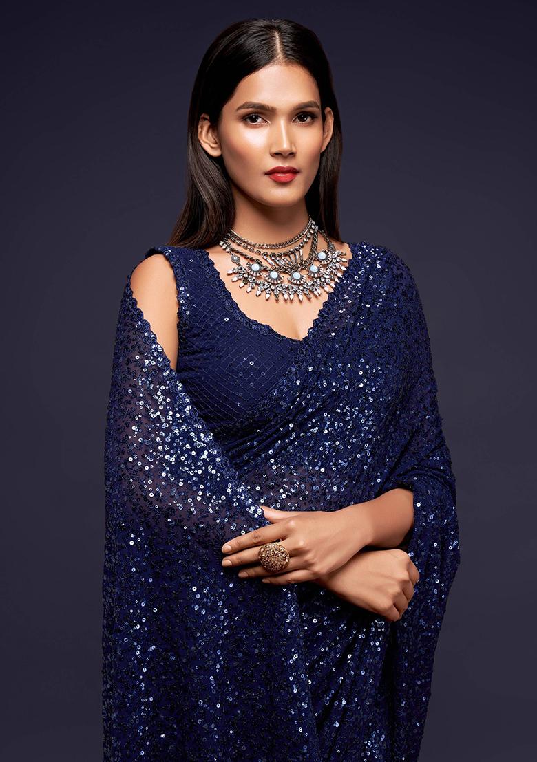 Navy Blue Sequin Embroidered Georgette Sarees