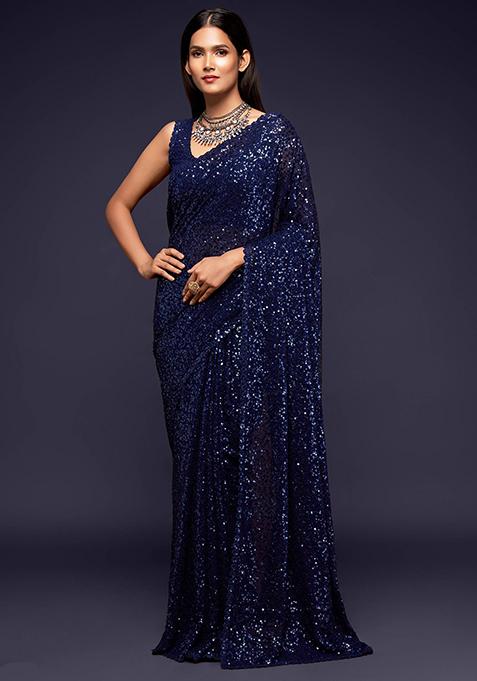 Navy Blue Sequin Embroidered Georgette Sarees