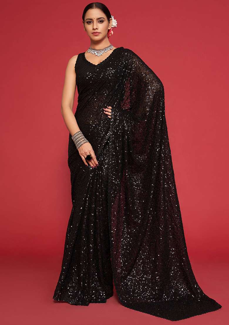 Black Sequin Embroidered Georgette Sarees for Diwali and Festive Wear - Indya