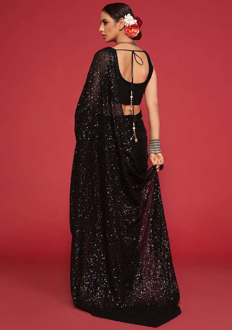 Black Sequin Embroidered Georgette Sarees for Diwali and Festive Wear - Indya