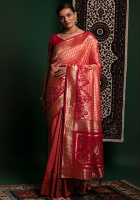 Orange Zari Weaving Silk Sarees