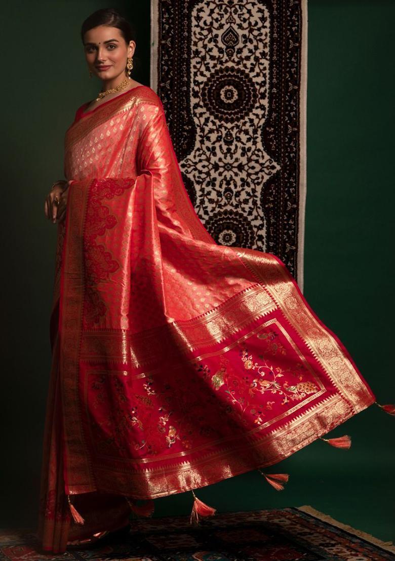 Orange Zari Weaving Silk Sarees