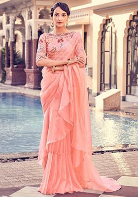 Peach Embroidered Organza Sarees