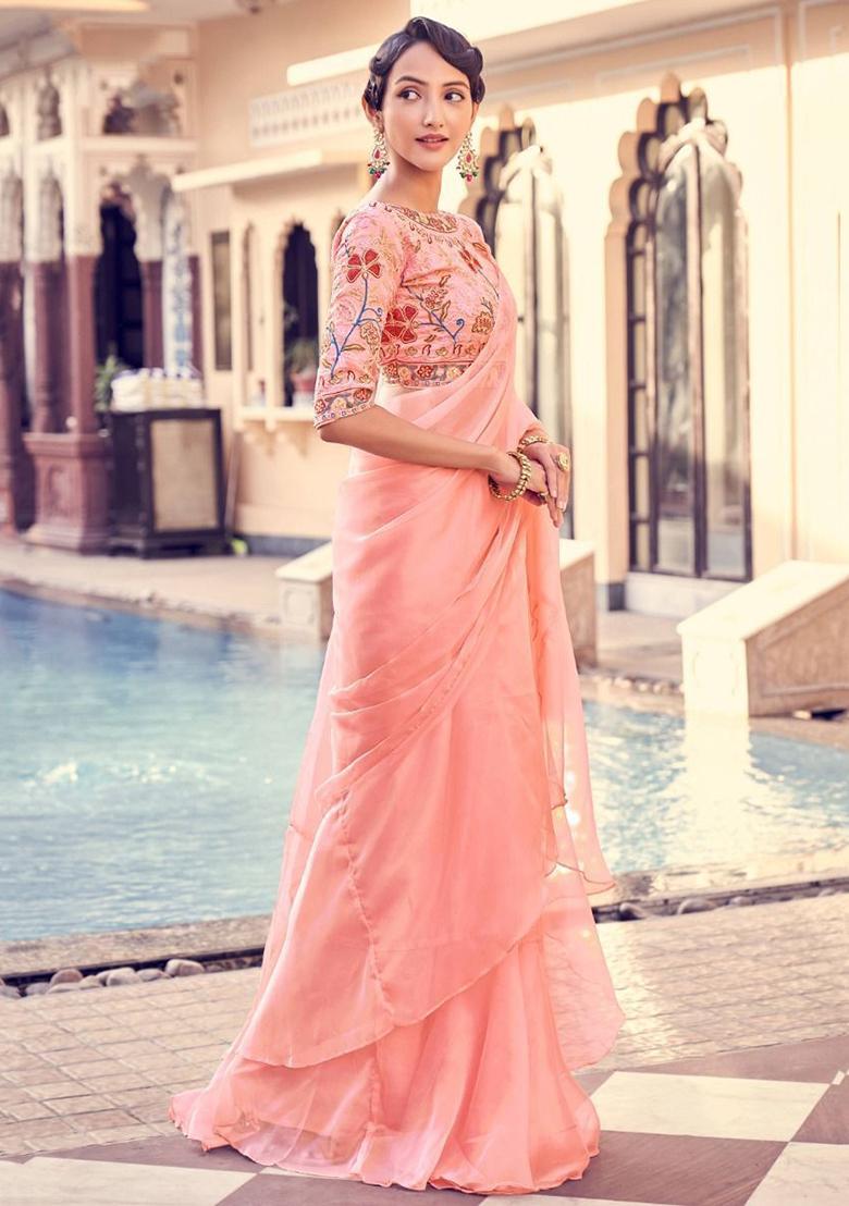 Peach Embroidered Organza Sarees