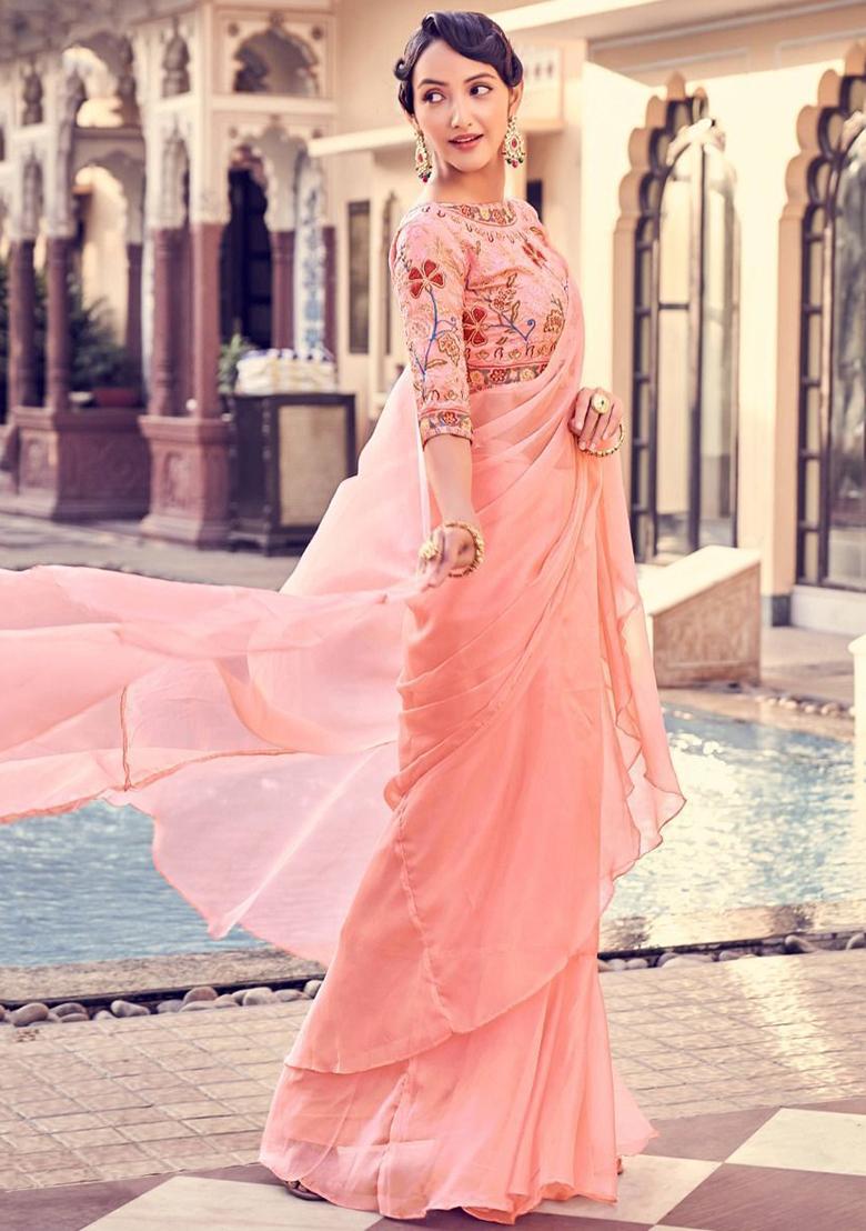 Peach Embroidered Organza Sarees
