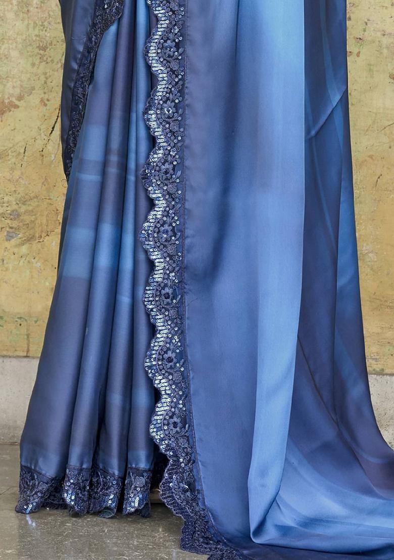 Navy Blue Sequin Embroidered Satin Sarees
