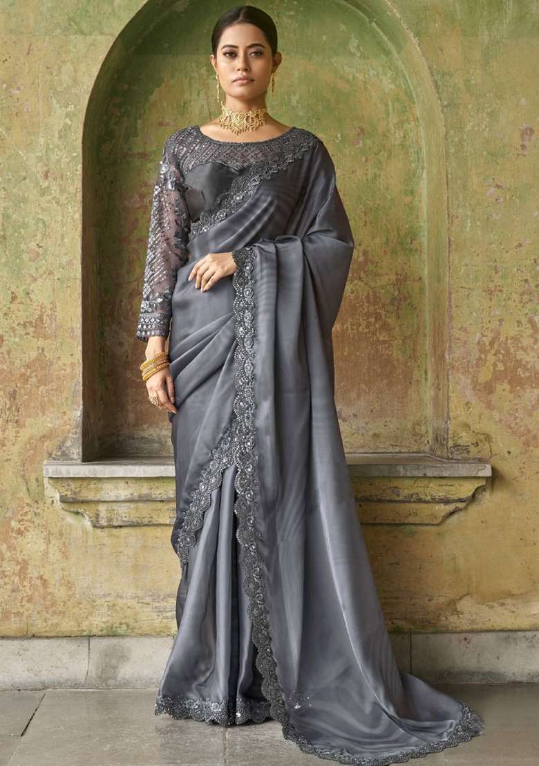 Grey Embroidered Satin Sarees for Diwali and Festive Wear - Indya