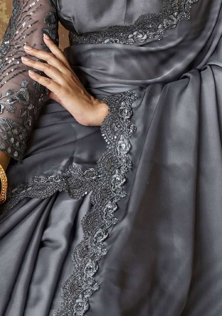 Grey Embroidered Satin Sarees for Diwali and Festive Wear - Indya