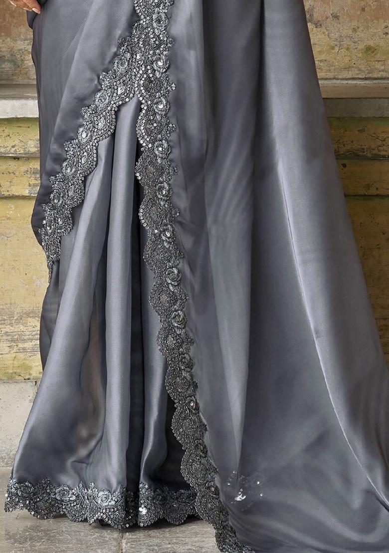 Grey Embroidered Satin Sarees