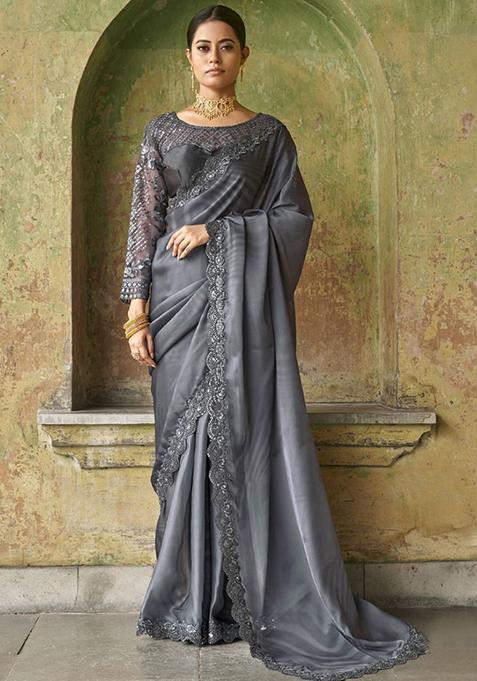 Grey Embroidered Satin Sarees