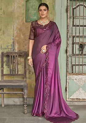 Wine Embroidered Satin Sarees