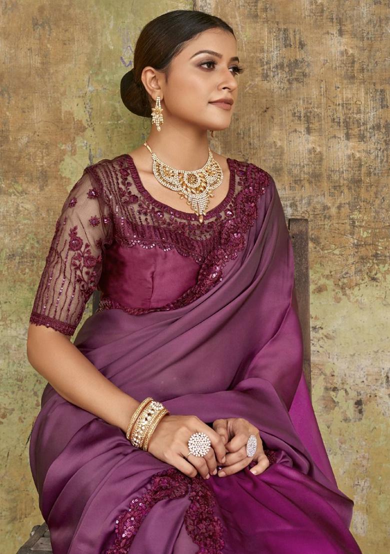 Wine Embroidered Satin Sarees