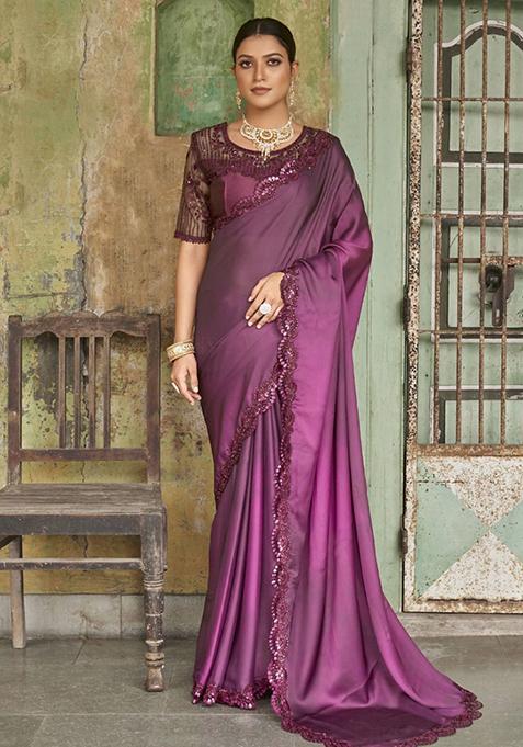 Wine Embroidered Satin Sarees