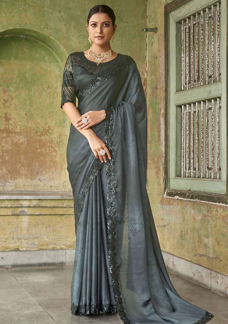 Black Sequin Embroidered Satin Sarees for Diwali and Festive Wear - Indya