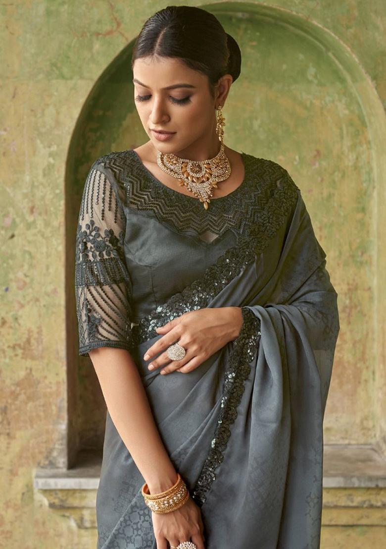 Black Sequin Embroidered Satin Sarees
