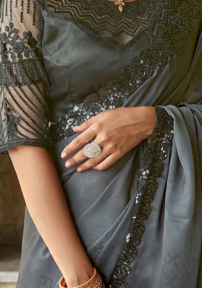Black Sequin Embroidered Satin Sarees for Diwali and Festive Wear - Indya