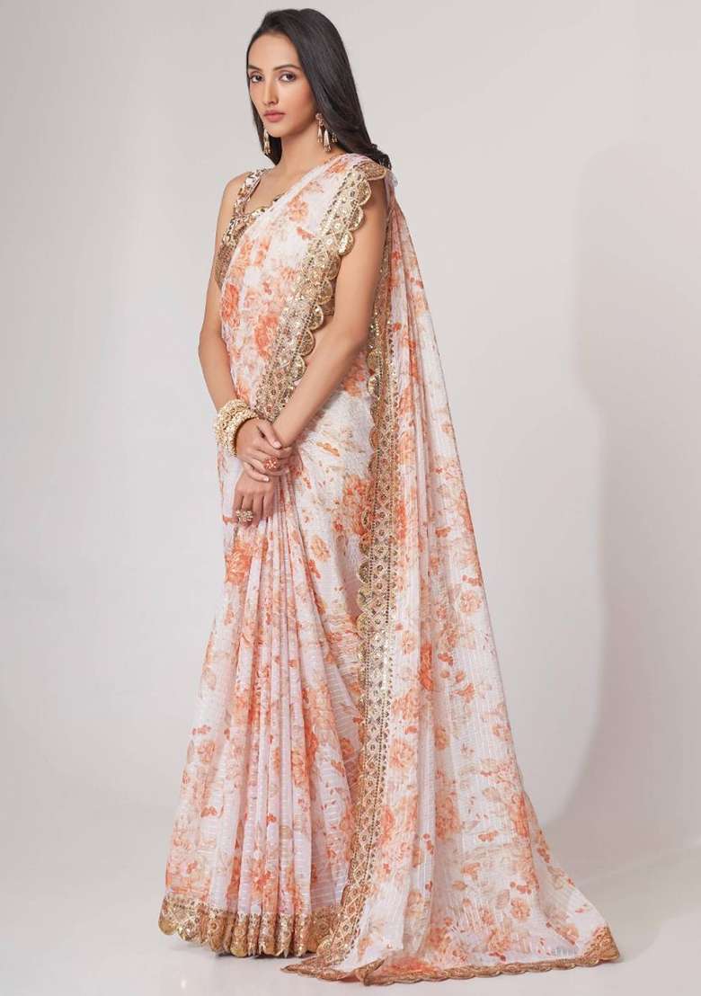 White Floral Print Organza Sarees for Diwali and Festive Wear - Indya