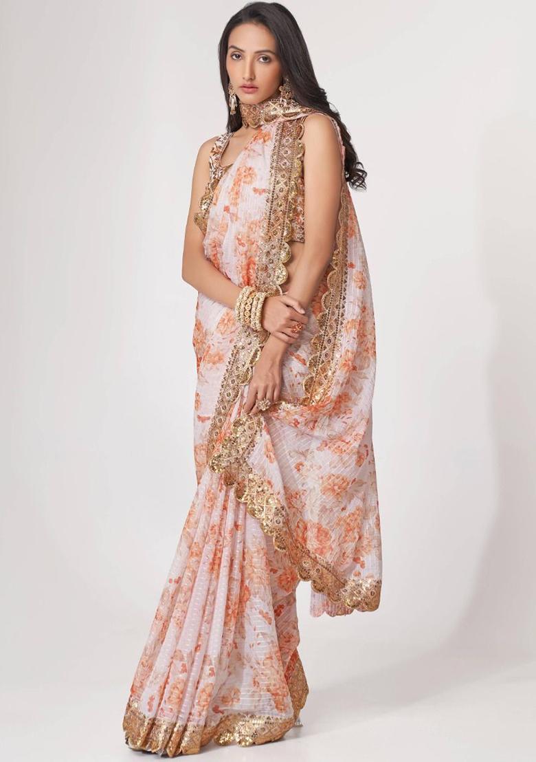 White Floral Print Organza Sarees