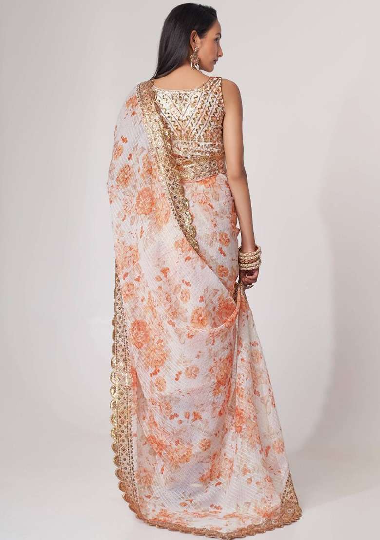 White Floral Print Organza Sarees for Diwali and Festive Wear - Indya