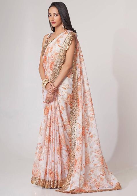 White Floral Print Organza Sarees