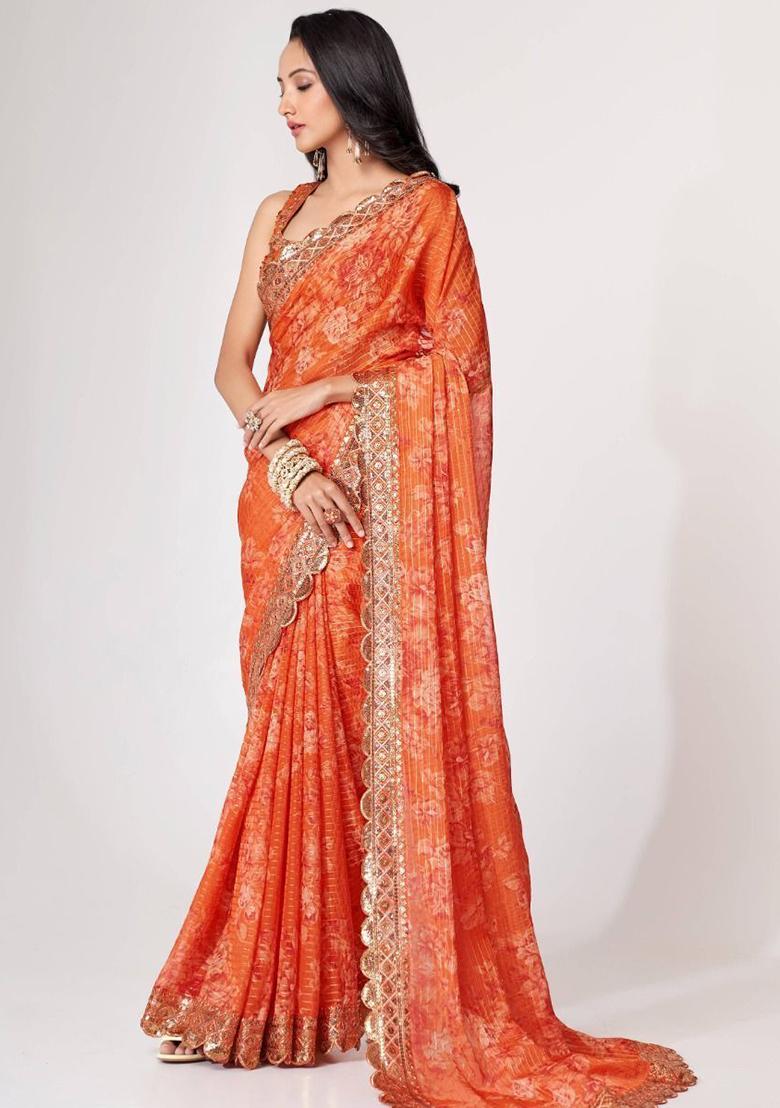 Orange Floral Print Organza Sarees