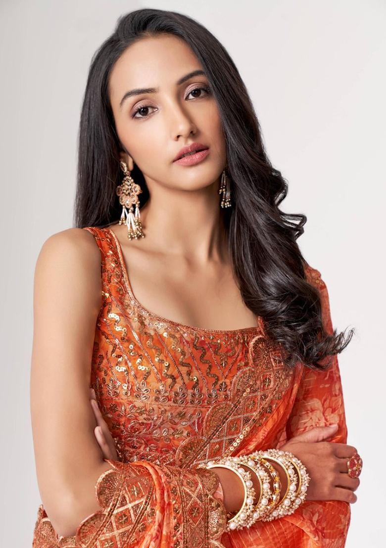 Orange Floral Print Organza Sarees