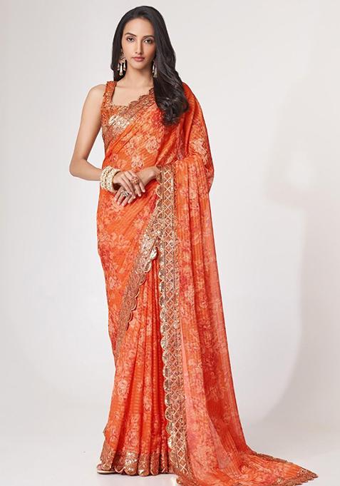 Orange Floral Print Organza Sarees