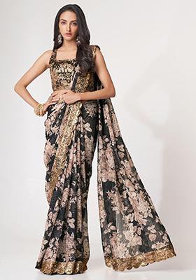 Black Floral Print Organza Sarees