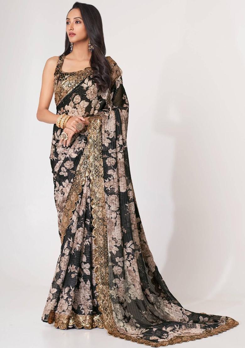 Black Floral Print Organza Sarees