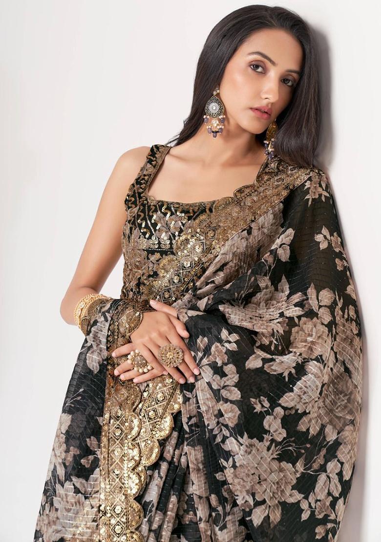 Black Floral Print Organza Sarees