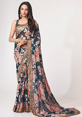 Blue Floral Print Organza Sarees