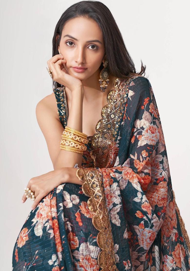 Blue Floral Print Organza Sarees
