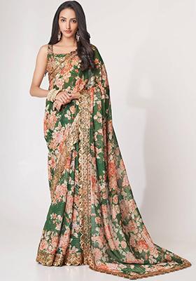 Green Floral Print Organza Sarees