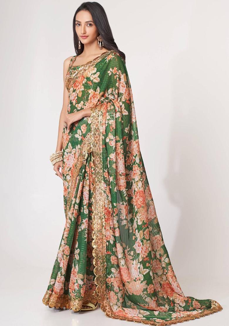 Green Floral Print Organza Sarees