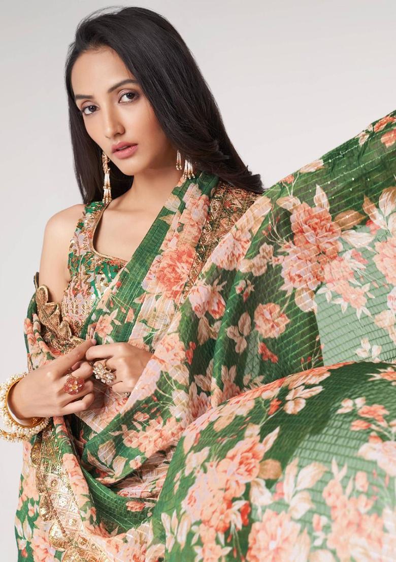 Green Floral Print Organza Sarees