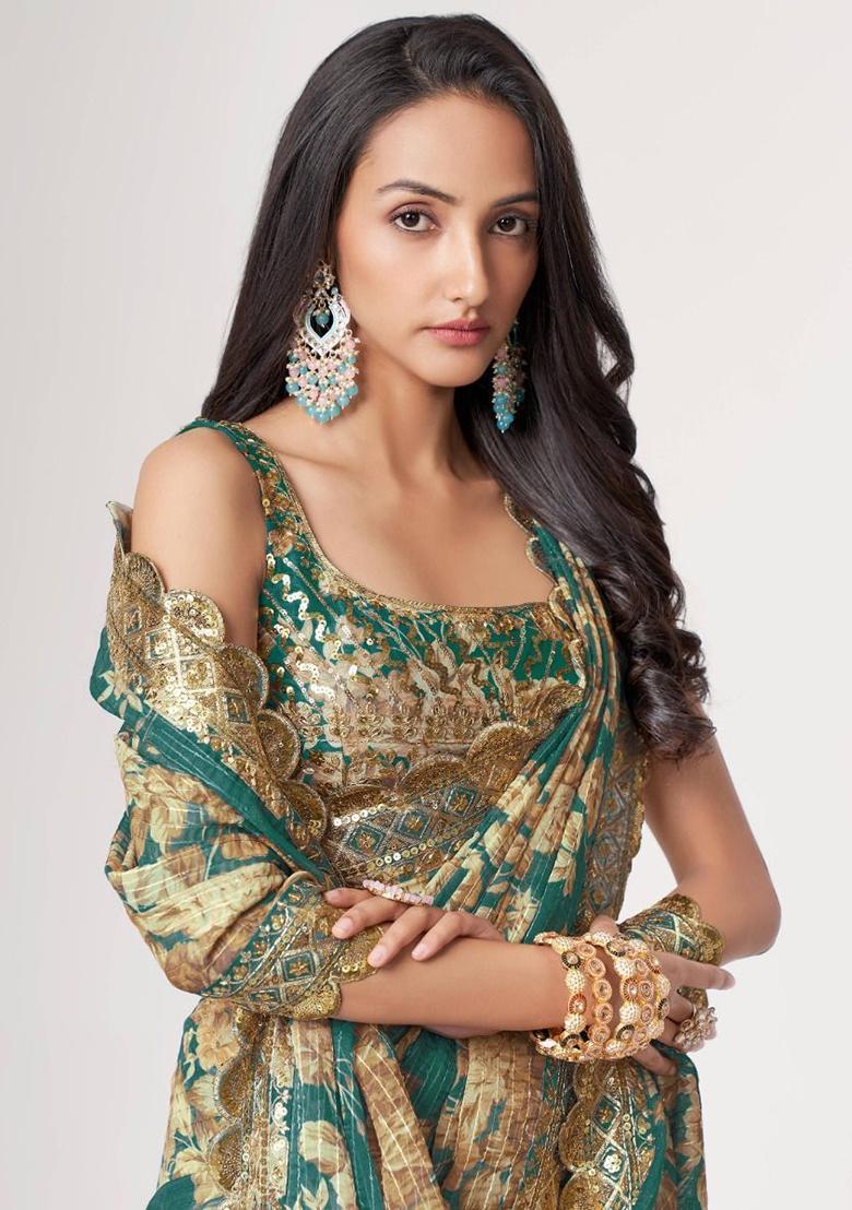 Blue Floral Print Organza Sarees