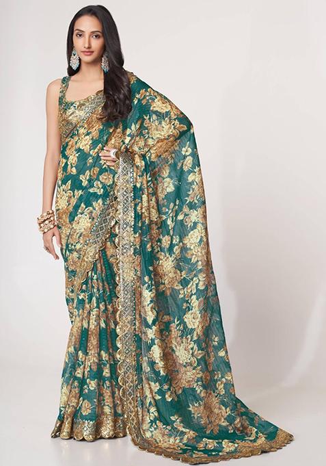 Blue Floral Print Organza Sarees