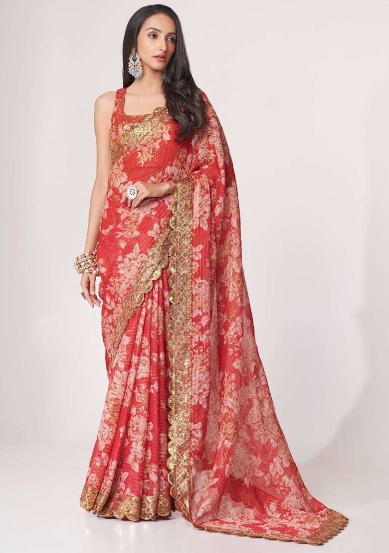 Red Floral Print Organza Sarees for Diwali and Festive Wear - Indya
