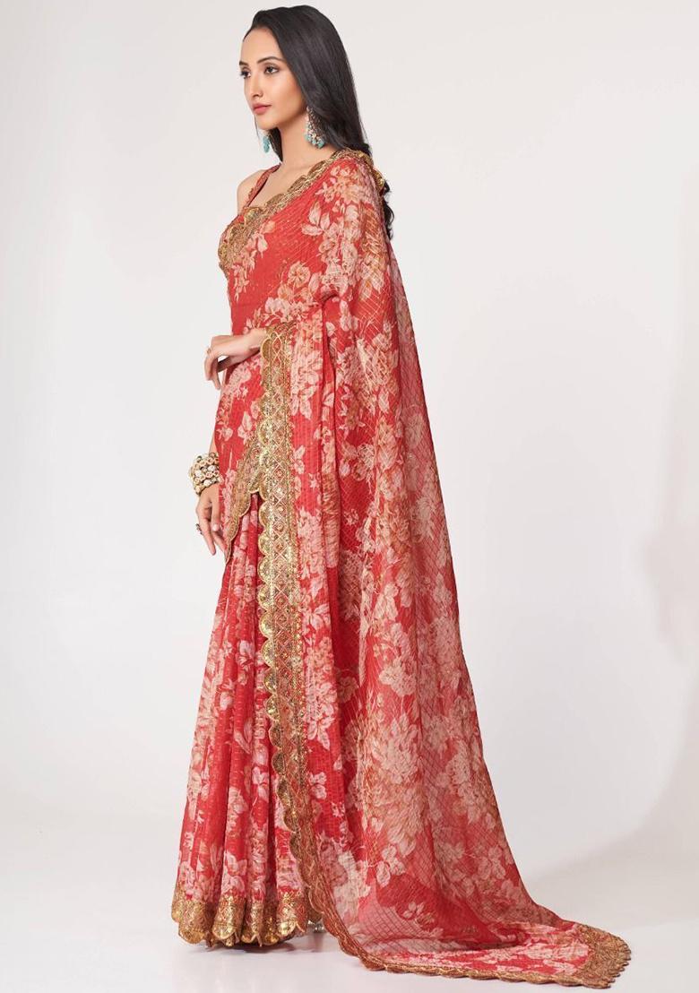 Red Floral Print Organza Sarees