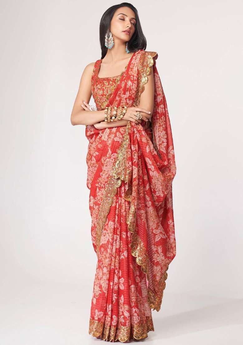Red Floral Print Organza Sarees for Diwali and Festive Wear - Indya