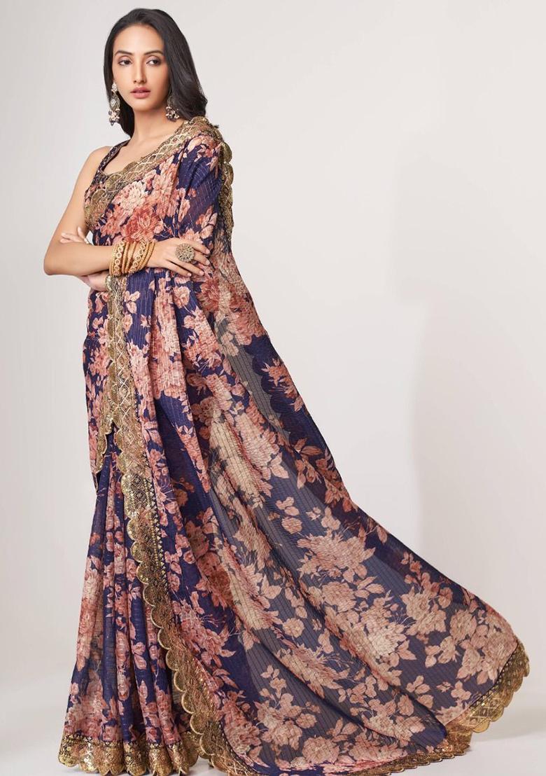 Purple Floral Print Organza Sarees