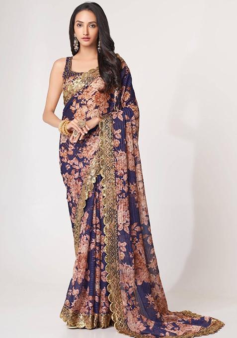 Purple Floral Print Organza Sarees
