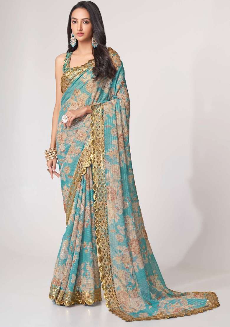 Sky Blue Floral Print Organza Sarees for Diwali | Wedding & Festive Wear - Indya