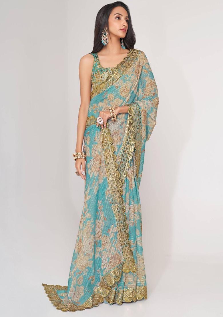 Sky Blue Floral Print Organza Sarees