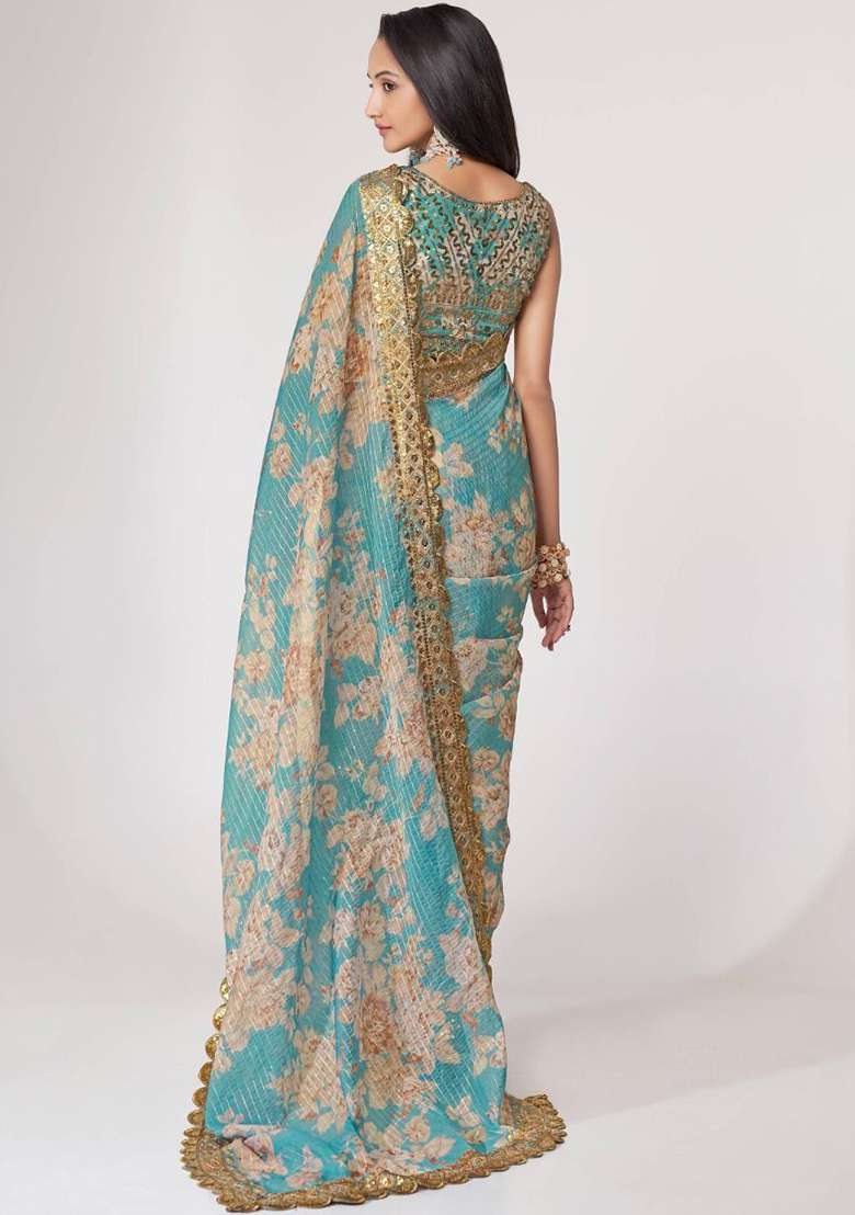 Sky Blue Floral Print Organza Sarees for Diwali | Wedding & Festive Wear - Indya